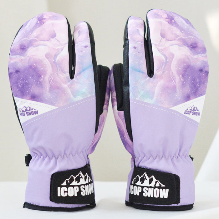 Snowboard Mittens with Cute Design: pink, black pair of gloves, sporty snow gear style