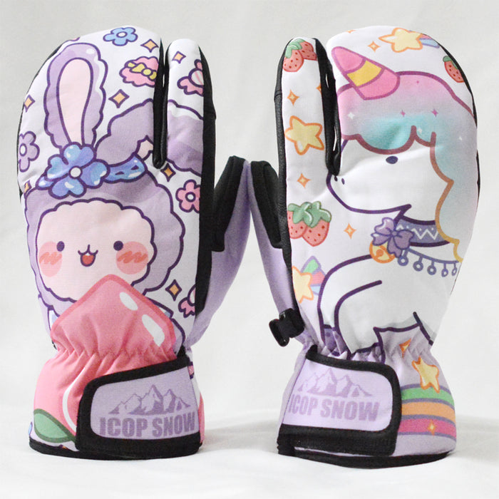 Snowboard Mittens with Cute Design: pink, black pair of gloves, sporty snow gear style