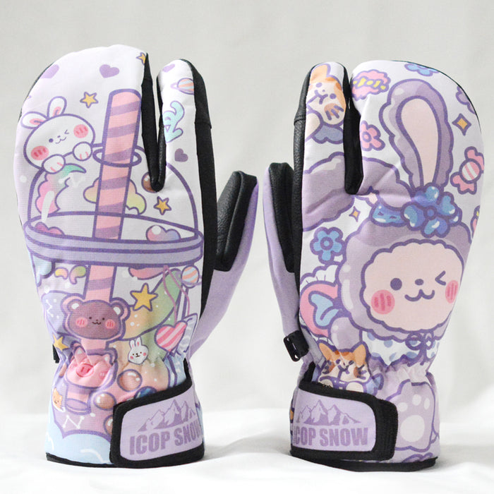 Snowboard Mittens with Cute Design: pink, black pair of gloves, sporty snow gear style