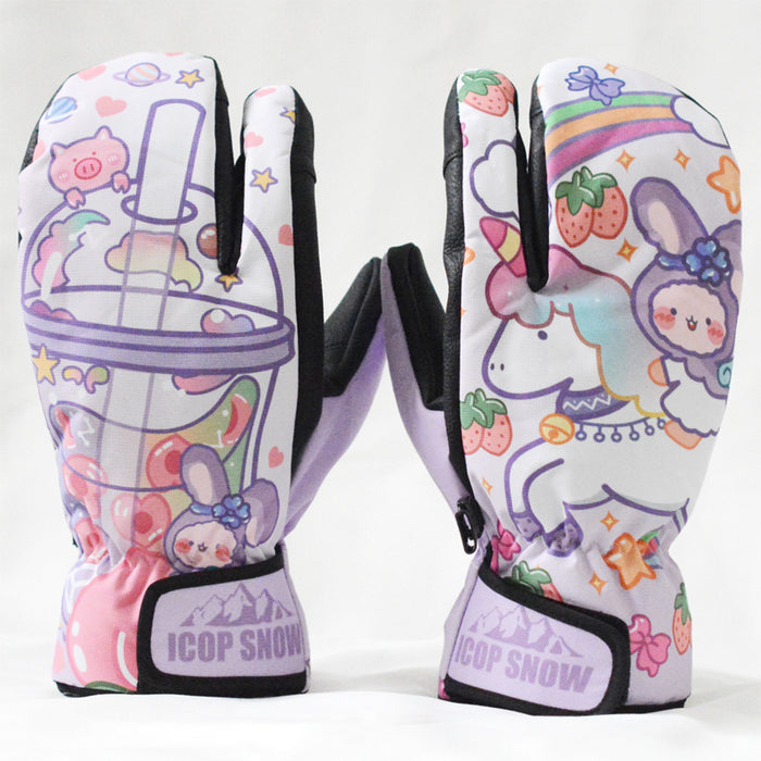 Snowboard Mittens with Cute Design: pink, black pair of gloves, sporty snow gear style