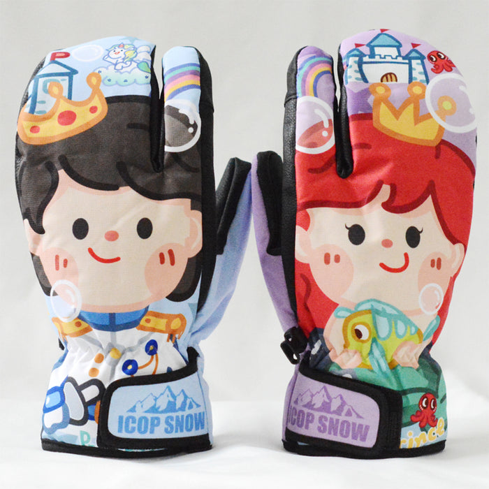 Snowboard Mittens with Cute Design: pink, black pair of gloves, sporty snow gear style