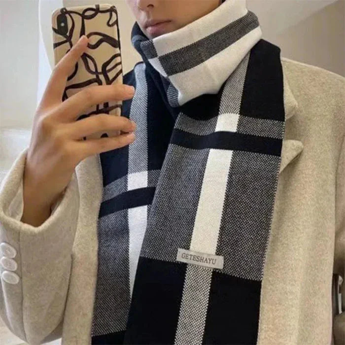 Soft and Cozy Men's Plaid Scarf: dark gray, light gray scarf, minimal classic style