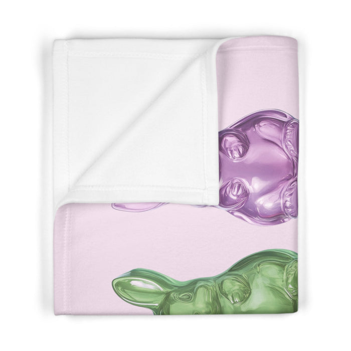 Soft Pink Fleece Baby Blanket with Bunny-Shaped Gummies: pale pink, red rabbits, cartoon-like glossy figurine illustration st