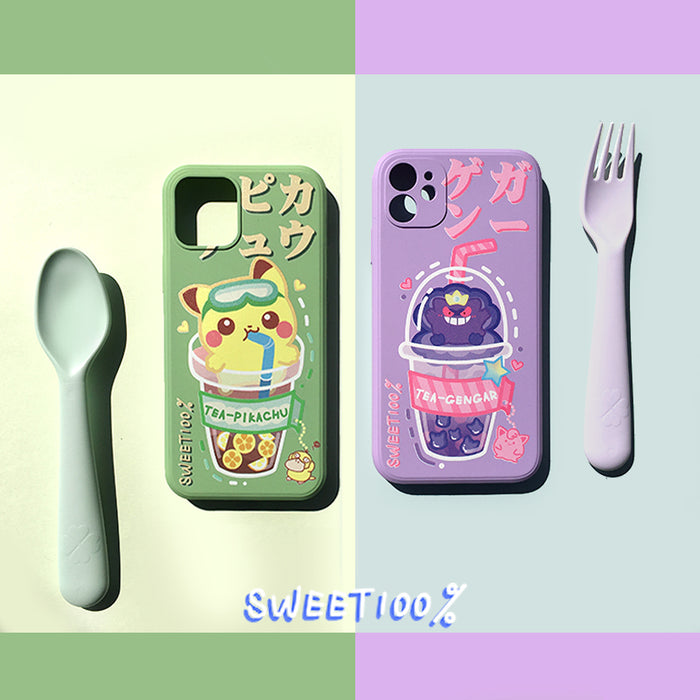 Soft Silicone iPhone Case with Protection: red, light blue cartoon food and animal-like characters, kawaii cartoon style