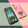 Soft Silicone iPhone Case with Protection: red, light blue cartoon food and animal-like characters, kawaii cartoon style