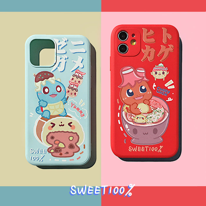 Soft Silicone iPhone Case with Protection: red, light blue cartoon food and animal-like characters, kawaii cartoon style