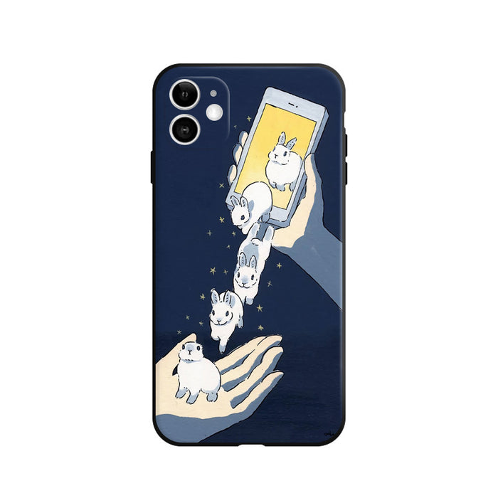 Soft TPU Phone Case with Protection: dark navy blue, white white cartoon rabbits, cartoon, whimsical style