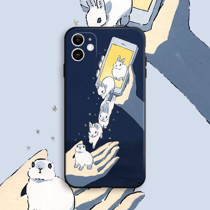 Soft TPU Phone Case with Protection: dark navy blue, white white cartoon rabbits, cartoon, whimsical style