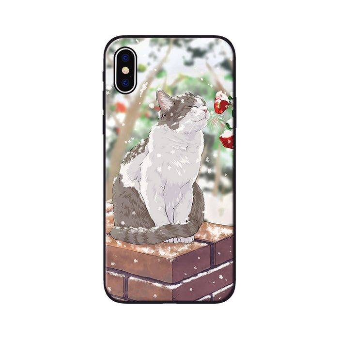 Soft TPU Phone Case with Protection: black, white cat, cartoon illustration style