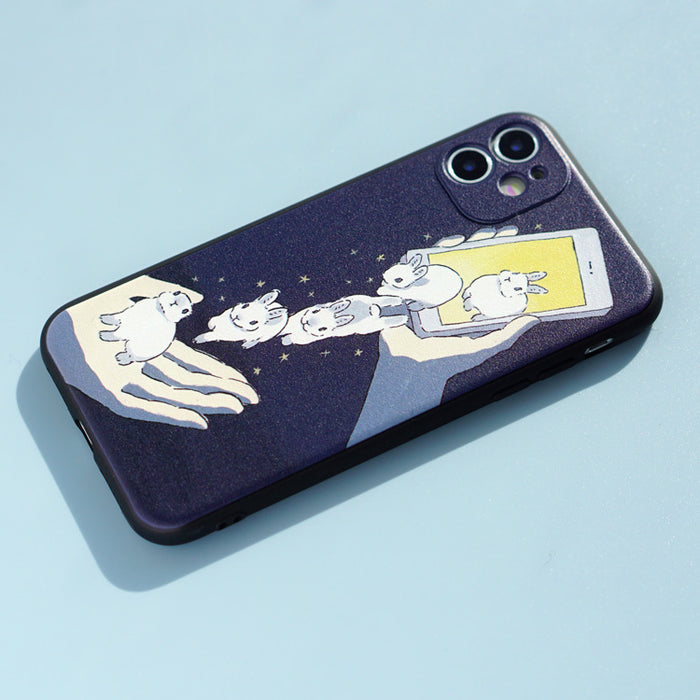 Soft TPU Phone Case with Protection: dark navy blue, white white cartoon rabbits, cartoon, whimsical style