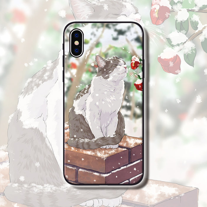 Soft TPU Phone Case with Protection: black, white cat, cartoon illustration style
