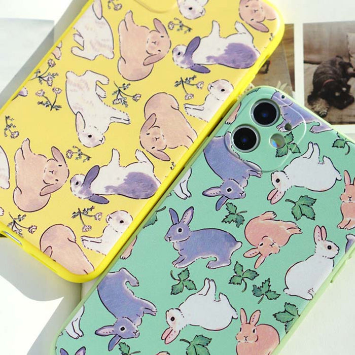 Soft TPU Phone Case with Protection: mint green, yellow rabbits, cute cartoon style
