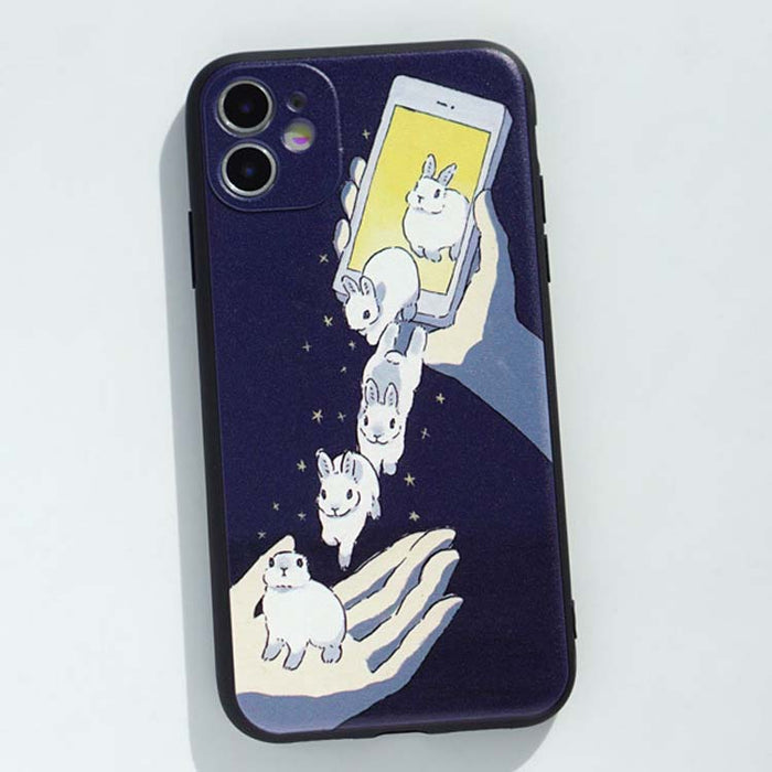 Soft TPU Phone Case with Protection: dark navy blue, white white cartoon rabbits, cartoon, whimsical style