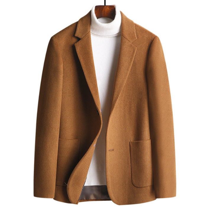 Sophisticated Single Button Wool Blend Sport Coat for Men: camel brown, white jacket with turtleneck sweater, minimal style