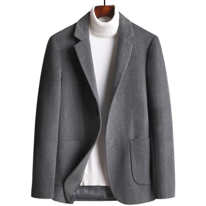 Sophisticated Single Button Wool Blend Sport Coat for Men: camel brown, white jacket with turtleneck sweater, minimal style