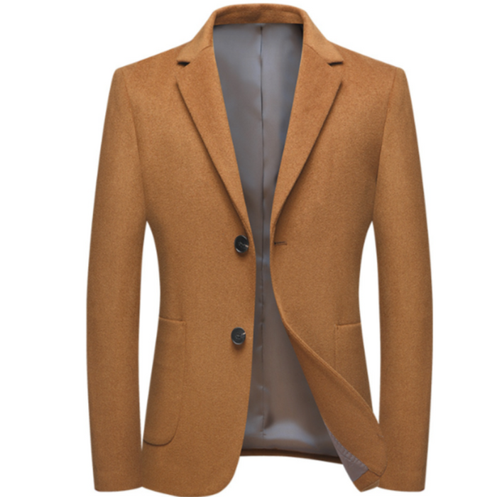 Sophisticated Single Button Wool Blend Sport Coat for Men: camel brown, white jacket with turtleneck sweater, minimal style