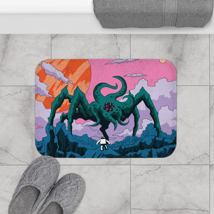 Space Creature Alien Bath Mat: Enhancing Your Home Décor: pink, purple tentacled monster creature in a mountainous alien land