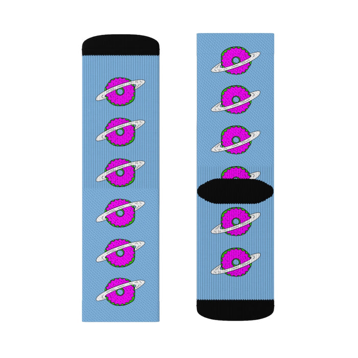 Space Donut's Footwear: light blue, black unicorns, cartoon style