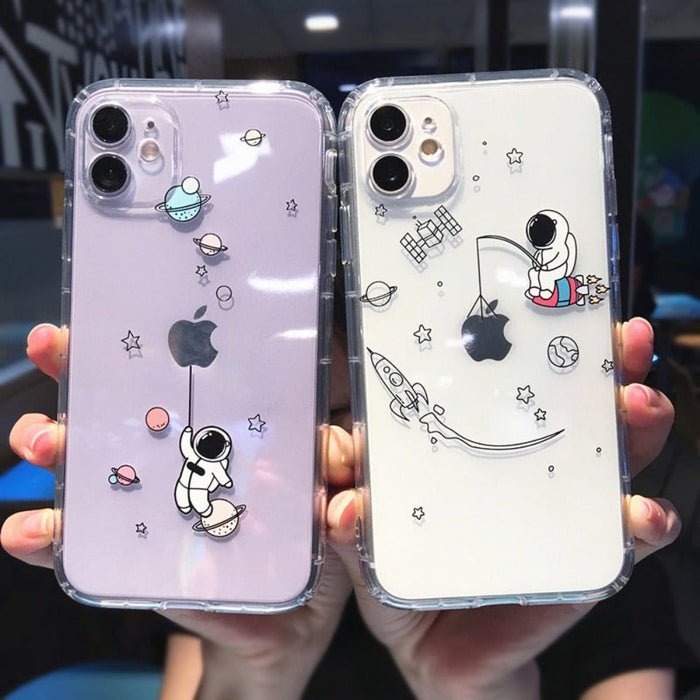 Space Explorer iPhone Case for Ultimate Protection: transparent clear, lavender space/astronaut theme, cartoon kawaii style