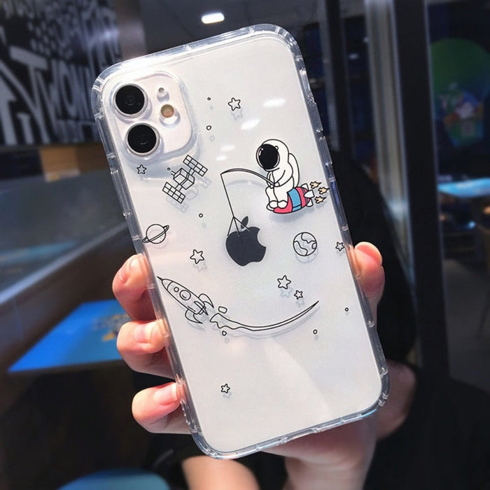 Space Explorer iPhone Case for Ultimate Protection: transparent clear, lavender space/astronaut theme, cartoon kawaii style
