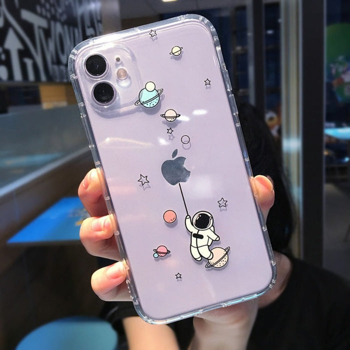 Space Explorer iPhone Case for Ultimate Protection: transparent clear, lavender space/astronaut theme, cartoon kawaii style