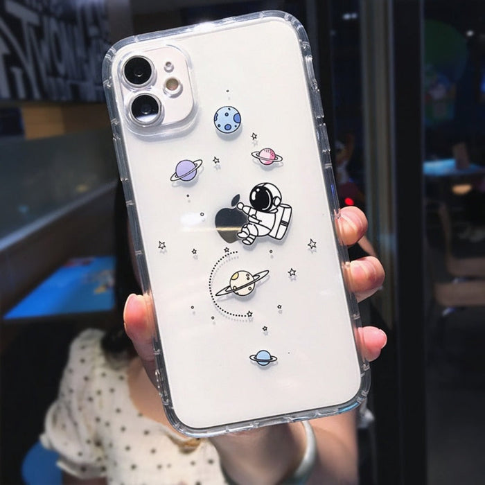 Space Explorer iPhone Case for Ultimate Protection: transparent clear, lavender space/astronaut theme, cartoon kawaii style