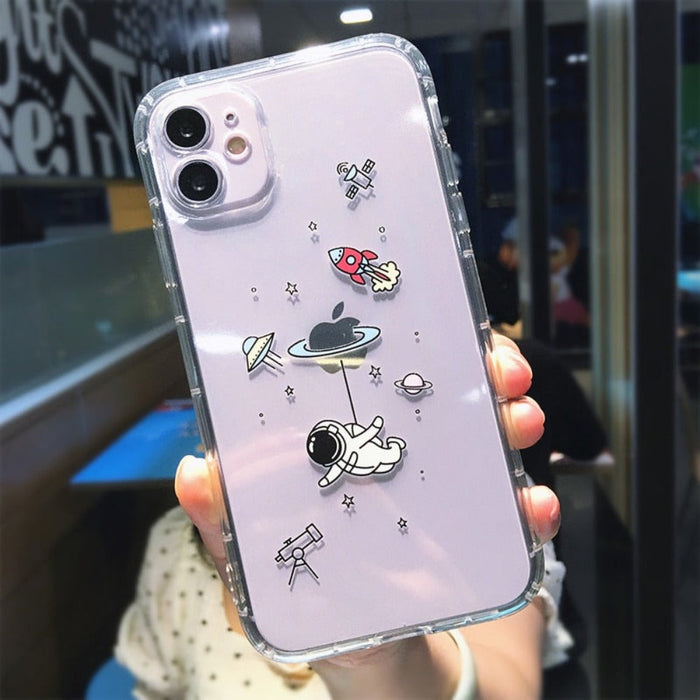 Space Explorer iPhone Case for Ultimate Protection: transparent clear, lavender space/astronaut theme, cartoon kawaii style