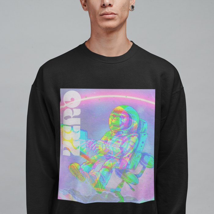 Space Monkey Graphic Sweatshirt for Men: black, pink astronaut character, retro sci-fi graphic style