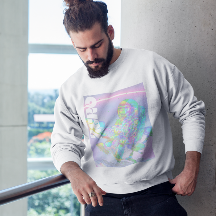 Space Monkey Graphic Sweatshirt for Men: black, pink astronaut character, retro sci-fi graphic style