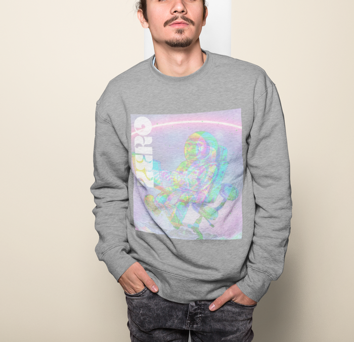 Space Monkey Graphic Sweatshirt for Men: black, pink astronaut character, retro sci-fi graphic style