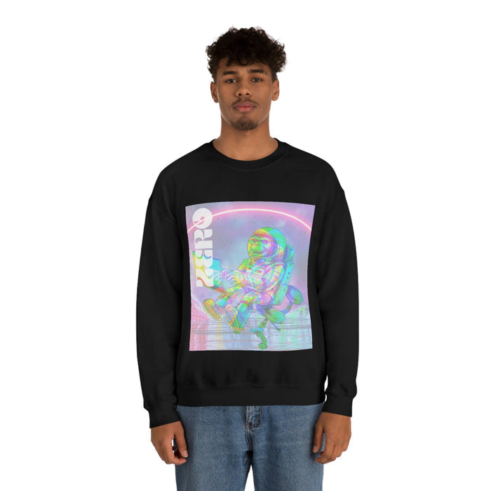 Space Monkey Graphic Sweatshirt for Men: black, pink astronaut character, retro sci-fi graphic style