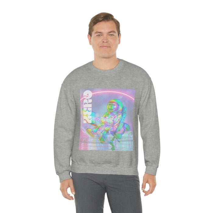 Space Monkey Graphic Sweatshirt for Men: black, pink astronaut character, retro sci-fi graphic style