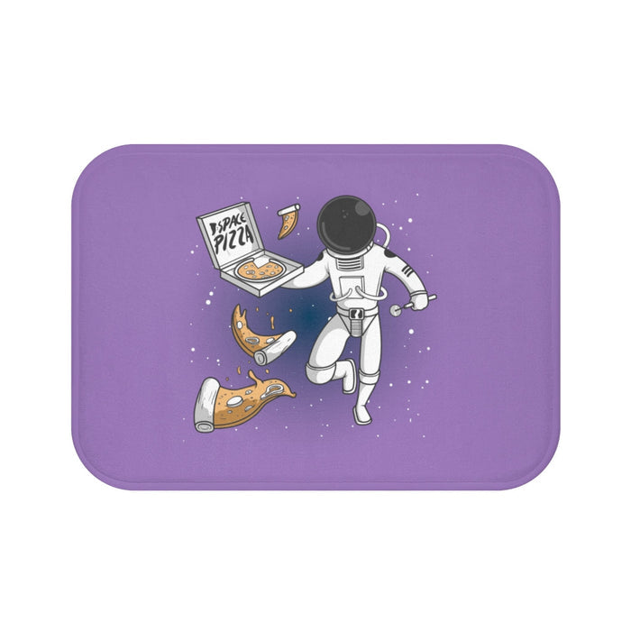 Space Pizza Astronaut Feast Bath Mat: purple, white astronaut with pizza, cartoon style