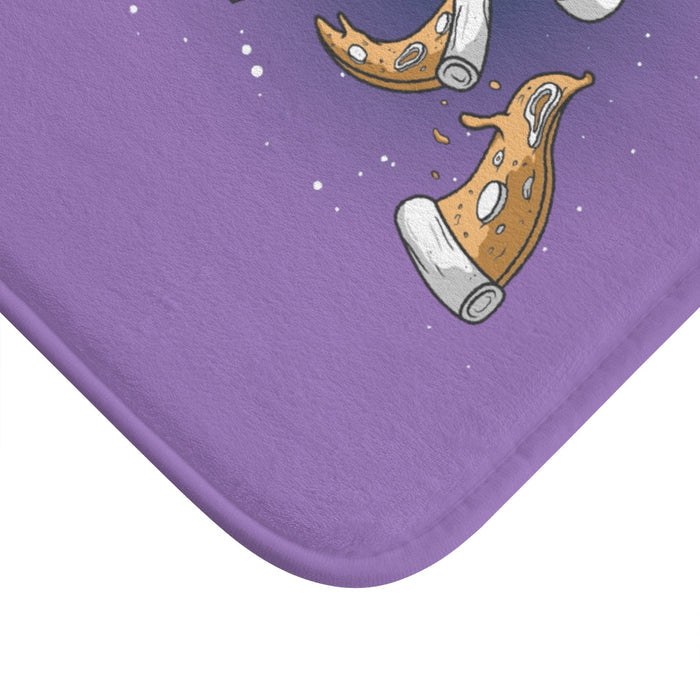 Space Pizza Astronaut Feast Bath Mat: purple, white astronaut with pizza, cartoon style