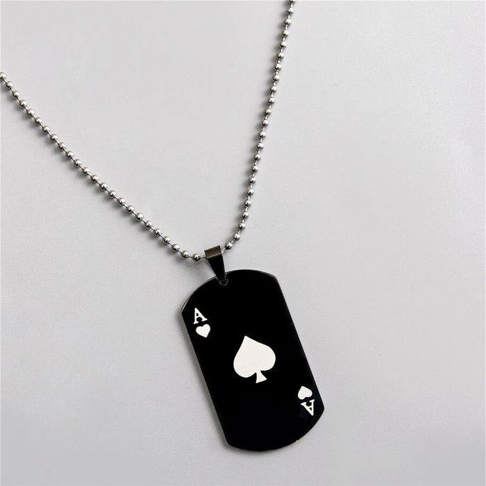 Spades Ace Necklace, Plated for Distinction: black, silver ace of spades playing-card theme, minimal graphic style