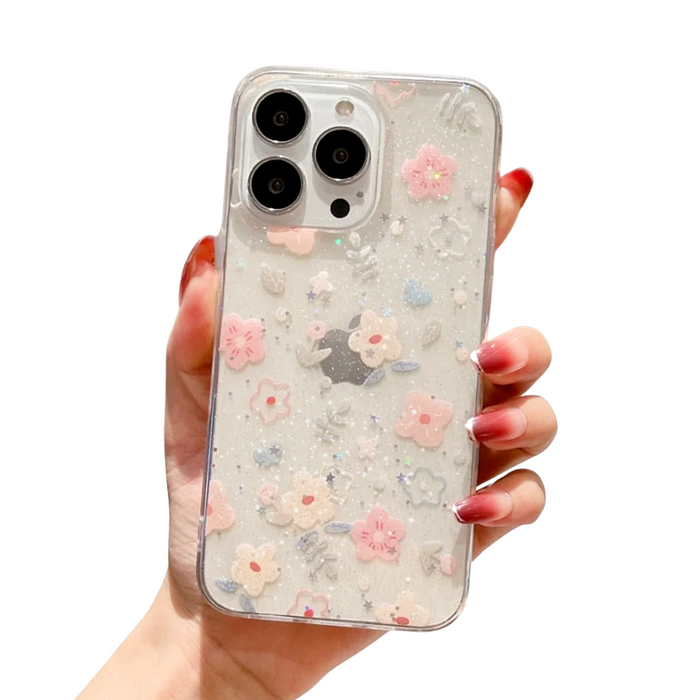 Sparkling Clear Case with Cherry Blossom Design: transparent, clear floral theme, cute floral style
