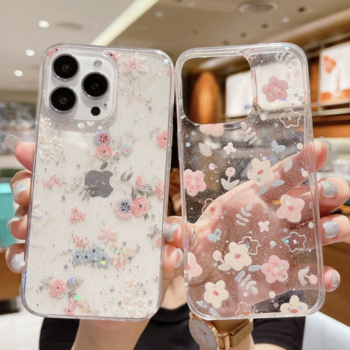 Sparkling Clear Case with Cherry Blossom Design: transparent, clear floral theme, cute floral style