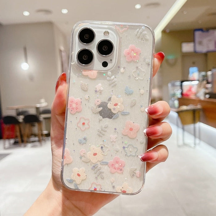 Sparkling Clear Case with Cherry Blossom Design: transparent, clear floral theme, cute floral style