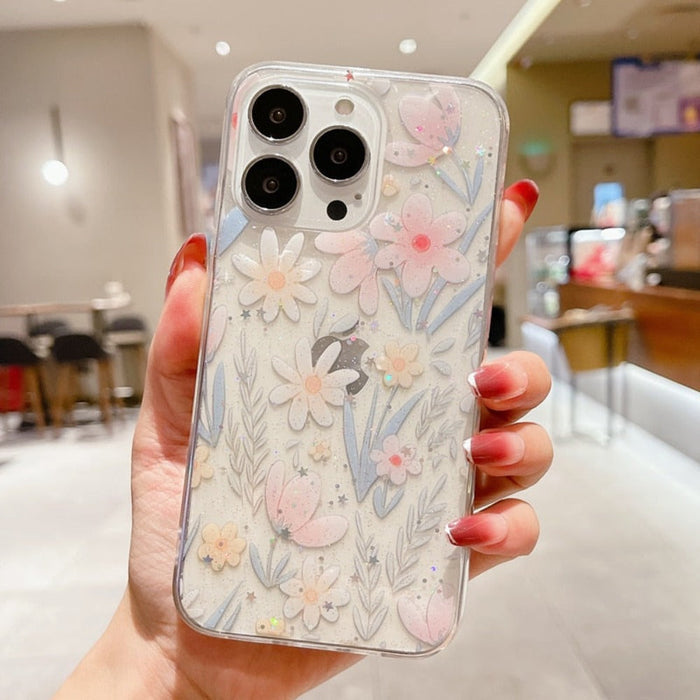 Sparkling Clear Floral Phone Case: transparent, clear floral botanical theme, cute pastel botanical style