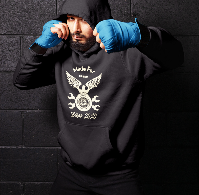 Speedy Hooded Sweatshirt: A Title Revision: black, cream motorcycle-themed graphic, casual streetwear style