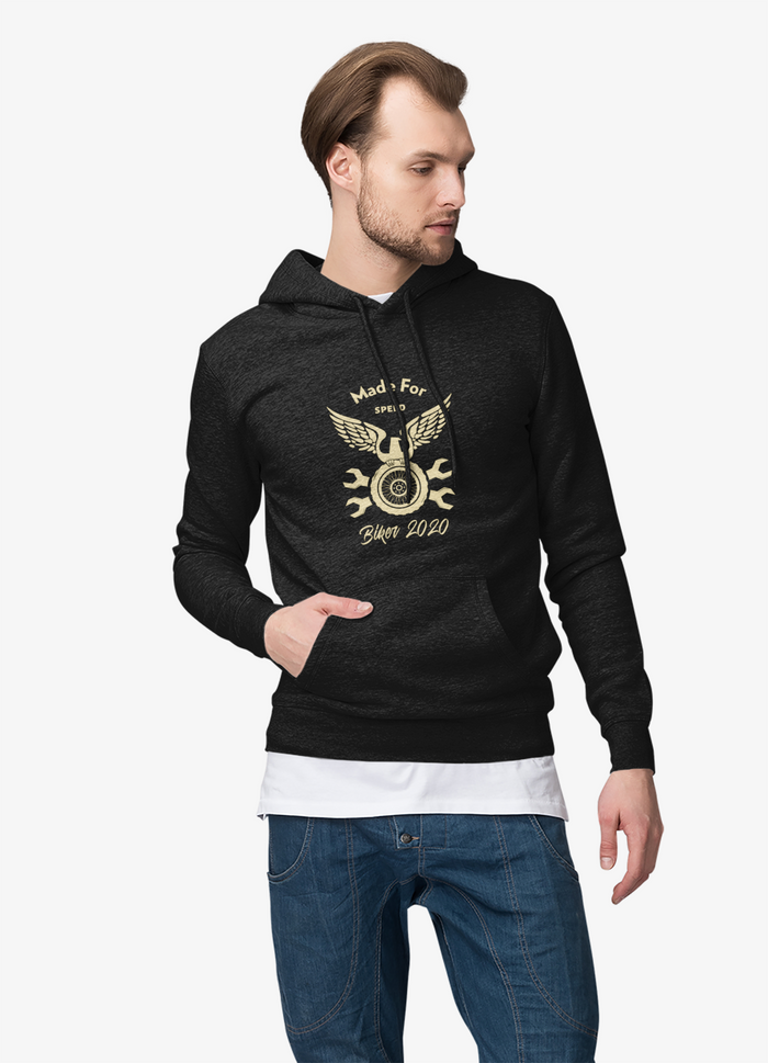 Speedy Hooded Sweatshirt: A Title Revision: black, cream motorcycle-themed graphic, casual streetwear style