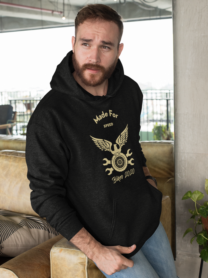 Speedy Hooded Sweatshirt: A Title Revision: black, cream motorcycle-themed graphic, casual streetwear style