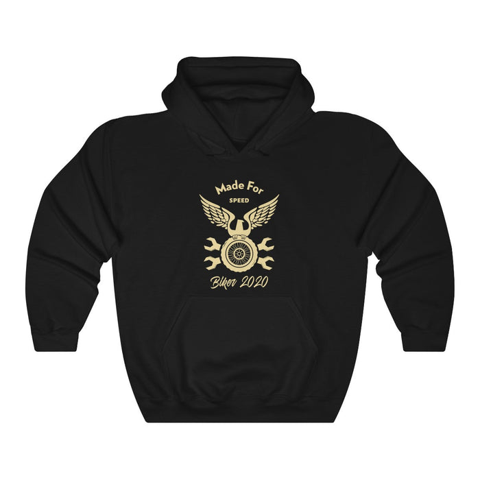 Speedy Hooded Sweatshirt: A Title Revision: black, cream motorcycle-themed graphic, casual streetwear style