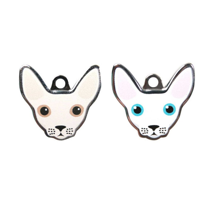 Sphynx Cat ID Tag with Engraving: white, black dog, cartoon style