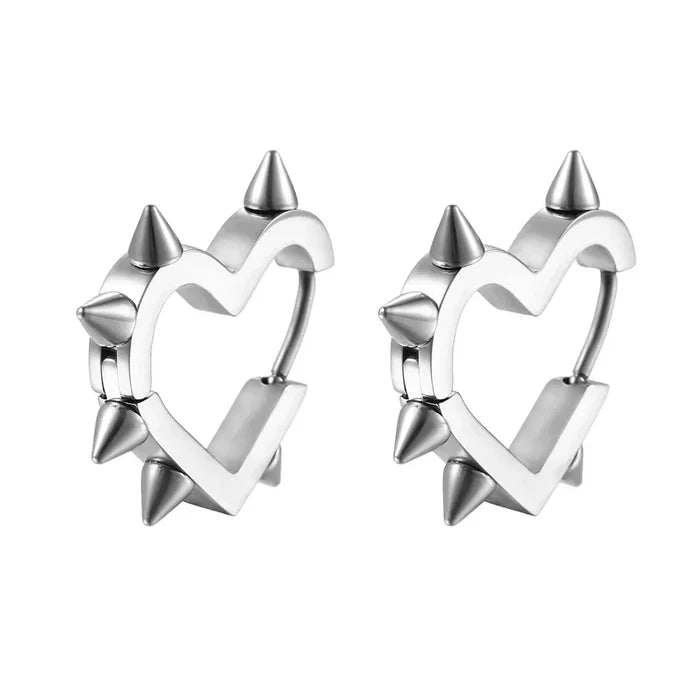 Spike-embellished Heart-Shaped Hoop Earrings: silver pair of hoop earrings, punk, edgy style