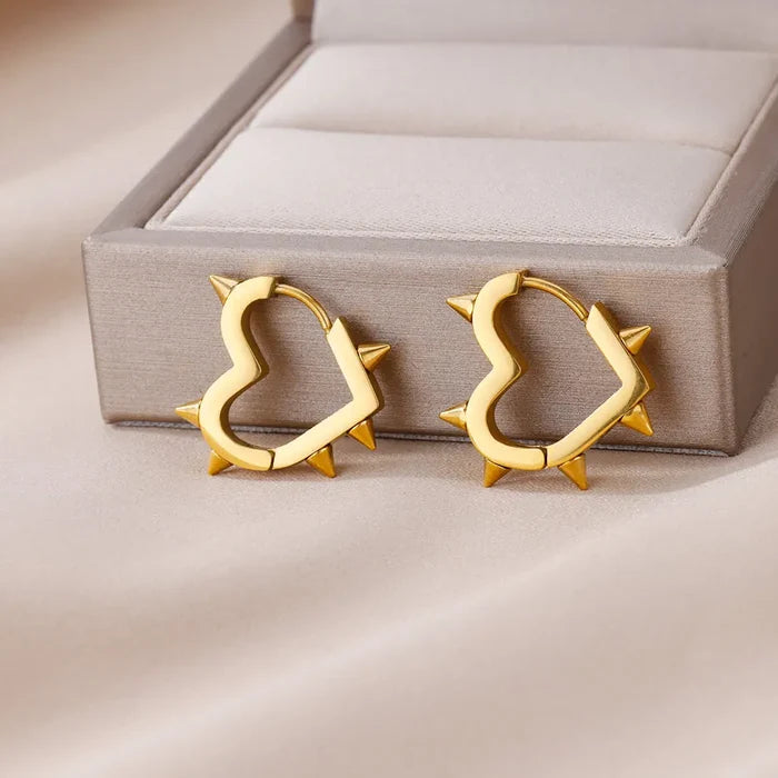 Spike-embellished Heart-Shaped Hoop Earrings: silver pair of hoop earrings, punk, edgy style