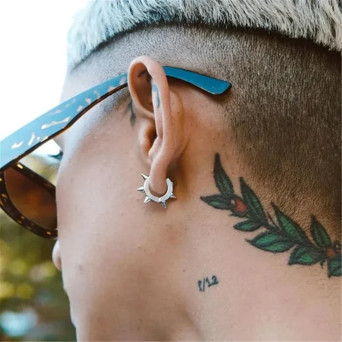 Spike-embellished Heart-Shaped Hoop Earrings: silver pair of hoop earrings, punk, edgy style