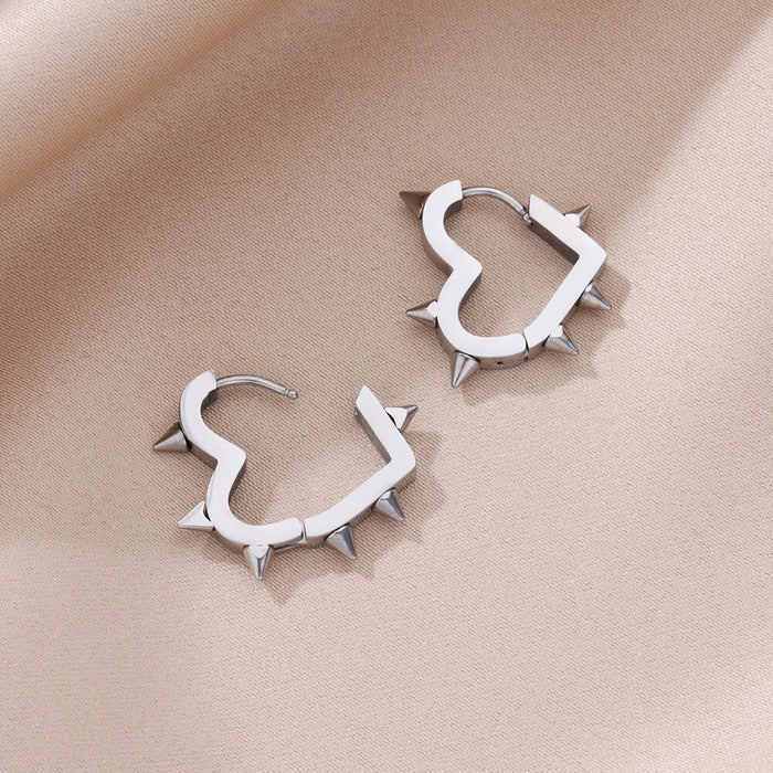 Spike-embellished Heart-Shaped Hoop Earrings: silver pair of hoop earrings, punk, edgy style