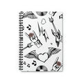 Spiral Notebook, Rock and Blooms: white, black tattoo-inspired graphic theme, tattoo flash, graphic, cartoon style