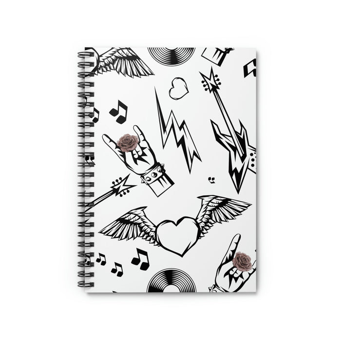 Spiral Notebook, Rock and Blooms: white, black tattoo-inspired graphic theme, tattoo flash, graphic, cartoon style